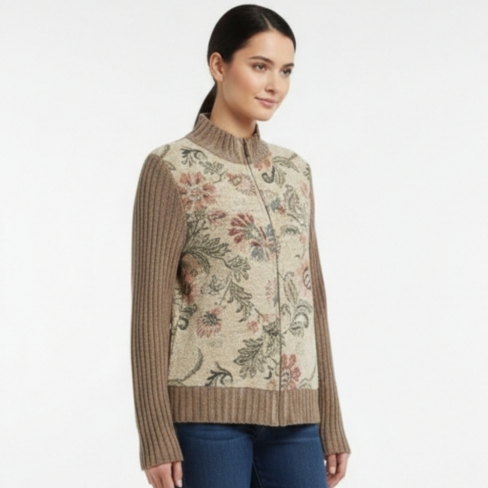 Ribbed Tapestry Zip Cardigan Mock Neck Boho Retro Cottage M